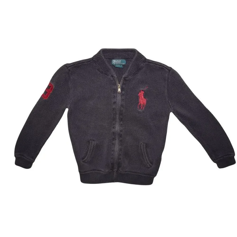 Polo Ralph Lauren Kids Full Zip Knit Sweater Jacket Size 6 Black Red Pony Logo